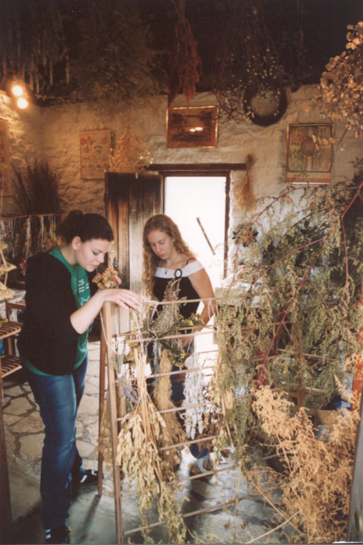 Herb Cottage, Restored Located in the site of the previous gift shop, the herb cottage is filled with garden bounty. Visitors examine dried herbs and herbal decorations. Credit: Bolduc Historic Properties