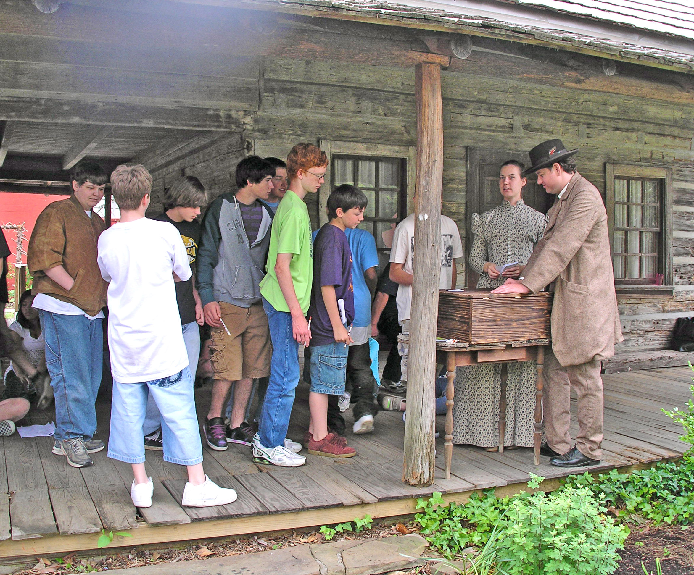 A reenactment by costumed interpreters in Conway, Arkansas