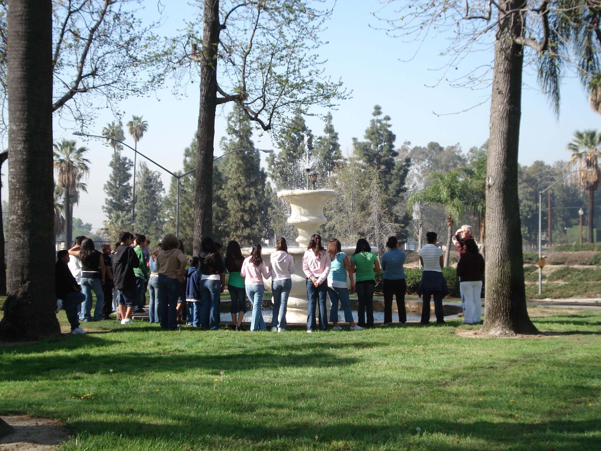High school students viewing the restored Frankish Fountain in Ontario, California