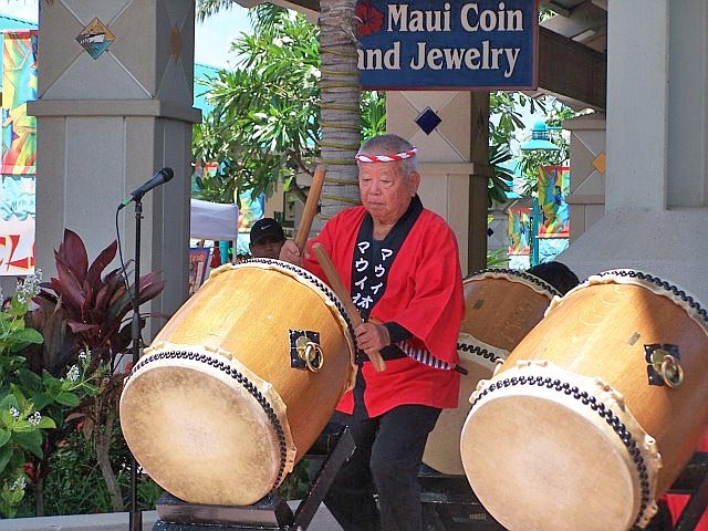 Traditional Japanese Taiko drumming demonstration during the annual Cultural and Arts Day in Maui County, Hawaii