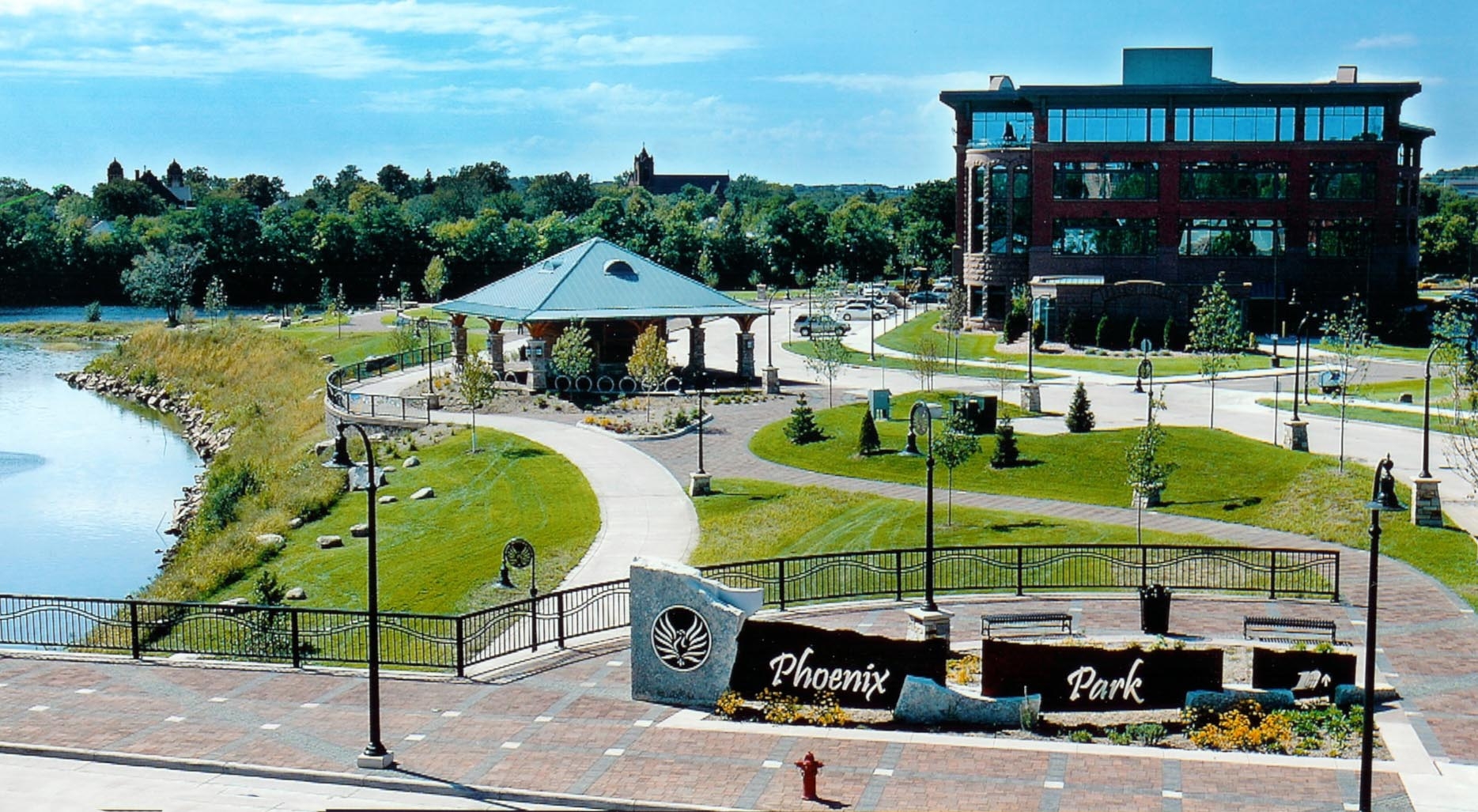 Phoenix Park, a redeveloped brownfield (former industrial site), includes a heritage walk and interpretive stone markers illustrating Eau Claire's history. 
