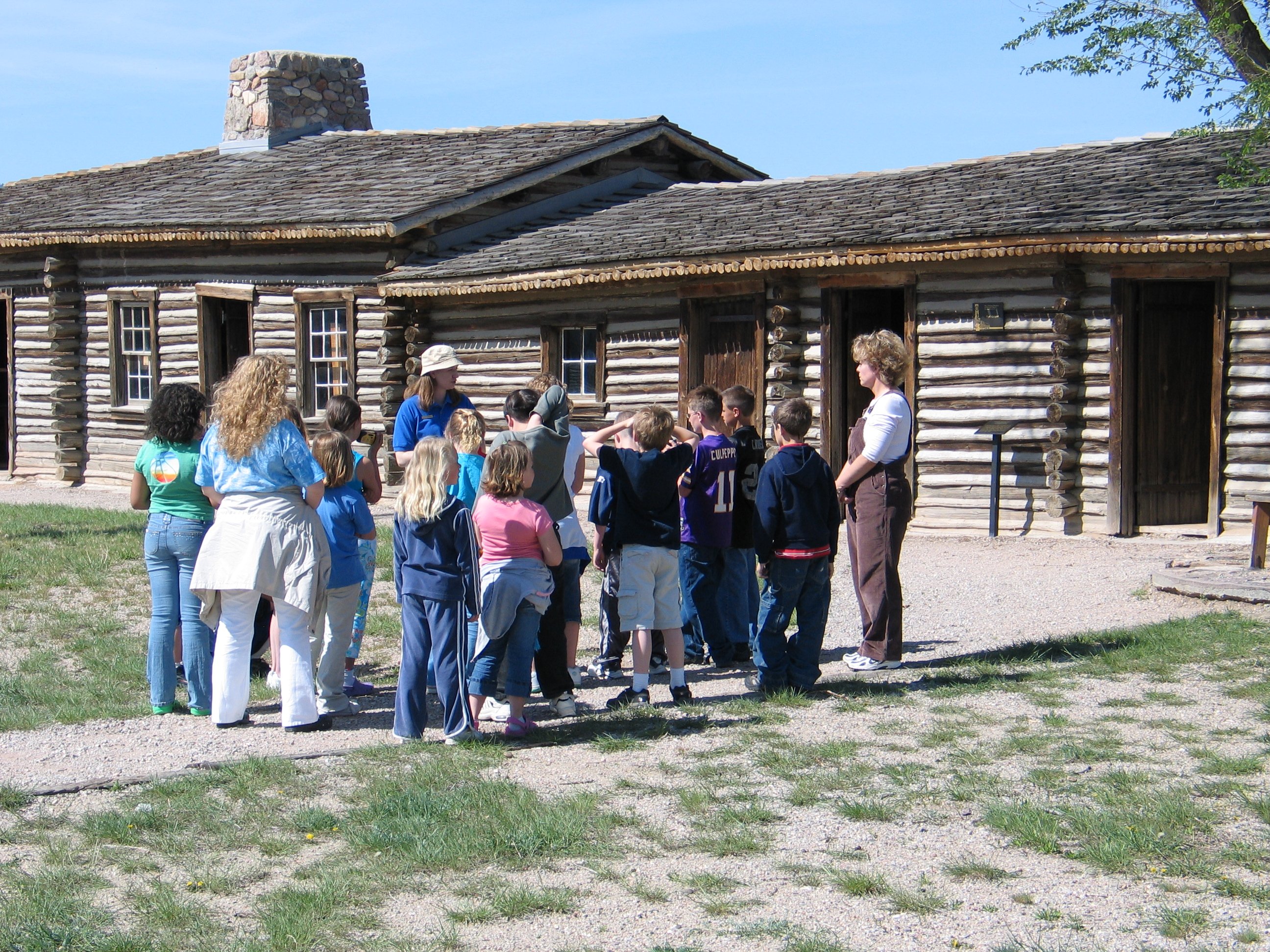 A school group visits reconstructed Fort Caspar.