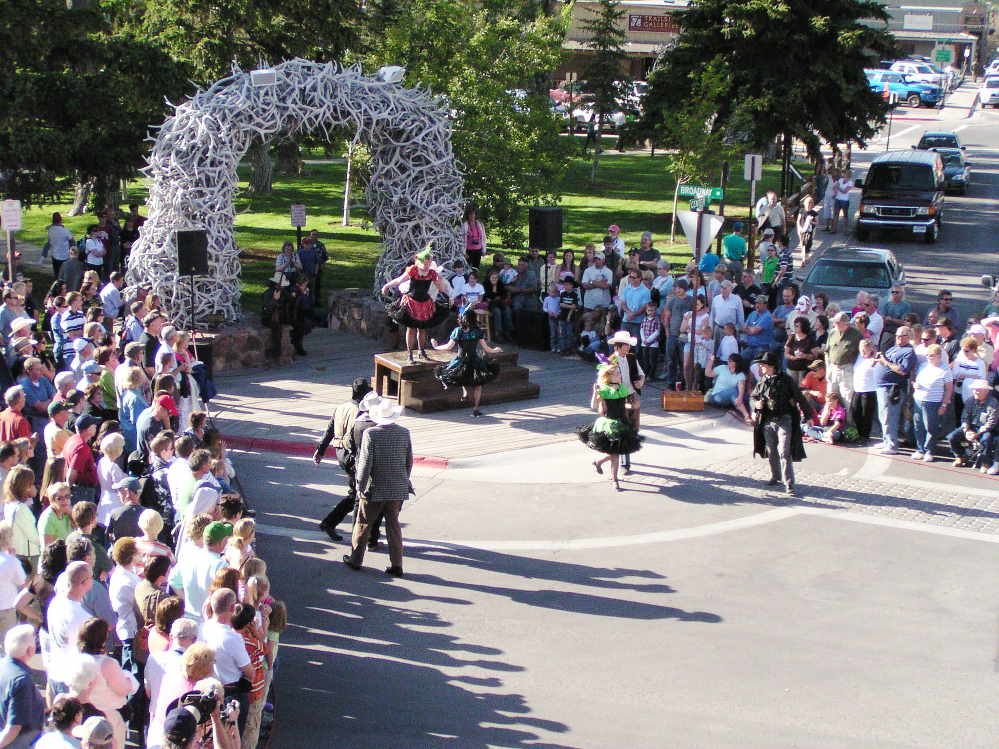 Jackson's historic Town Square's signature elk antler arches are the backdrop for a shoot-out reenactment, performed every summer evening since 1957.
