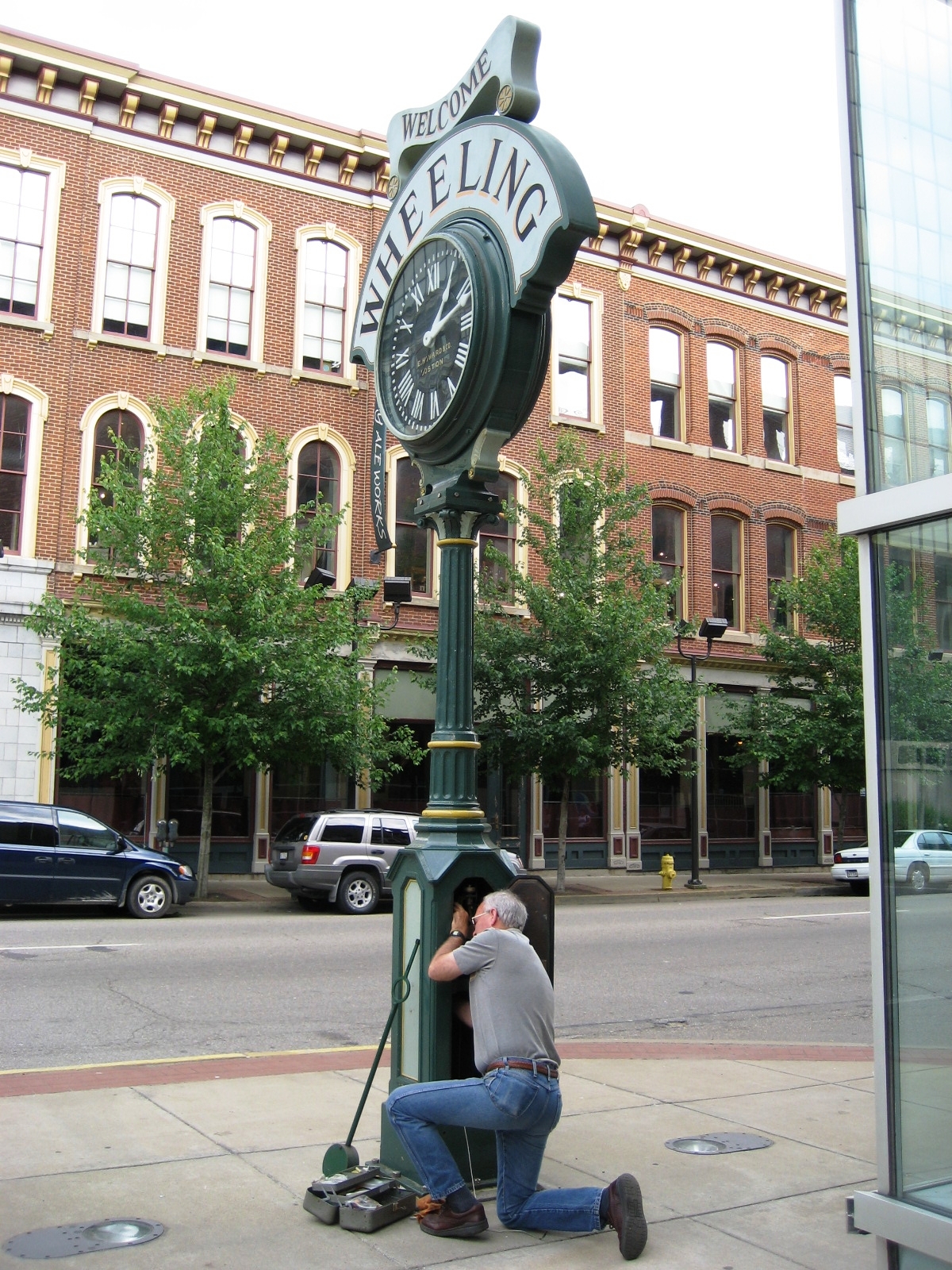 The Hancher Clock was a downtown Wheeling icon for many years; it now resides on Main Street at the Convention and Visitor’s Bureau. (Photo credit: Jeremy S. Morris)