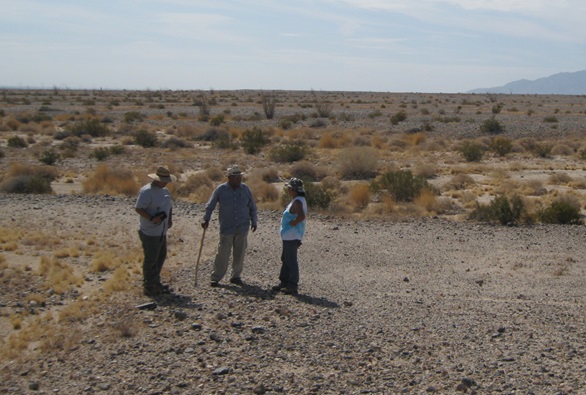 Three persons having a discussion in the landscape