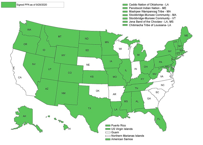 A map of the United States of America indicating which states have implemented a PA for conservation assistance, colored in green