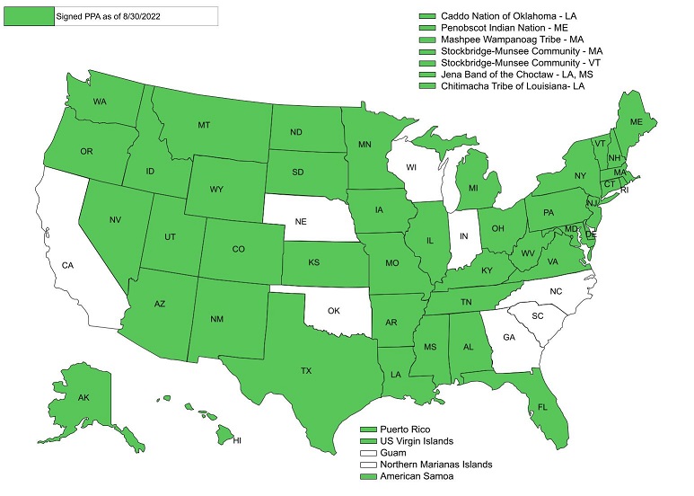 A map of the United States of America indicating which states have implemented a PA for conservation assistance, colored in green