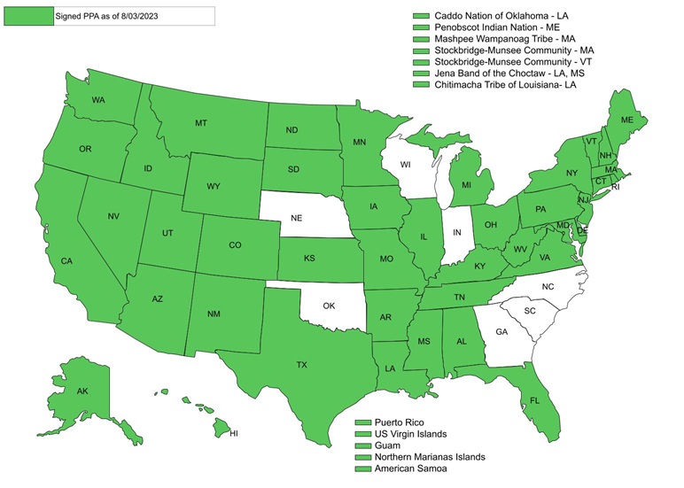 A map of the United States of America indicating which states, territories, and Tribes have implemented a PA for conservation assistance, which are colored in green.