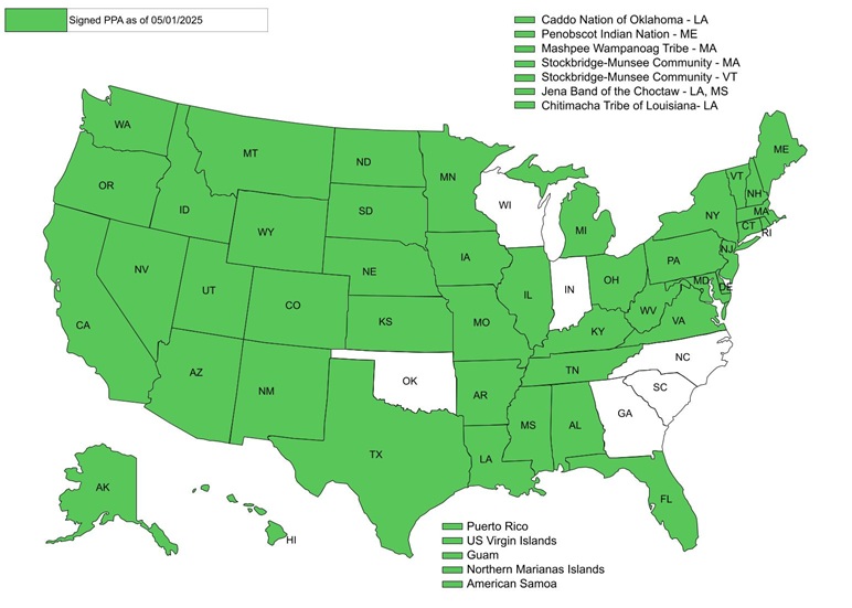 A map of the United States of America indicating which states, territories, and Tribes have implemented a PA for conservation assistance, which are colored in green.
