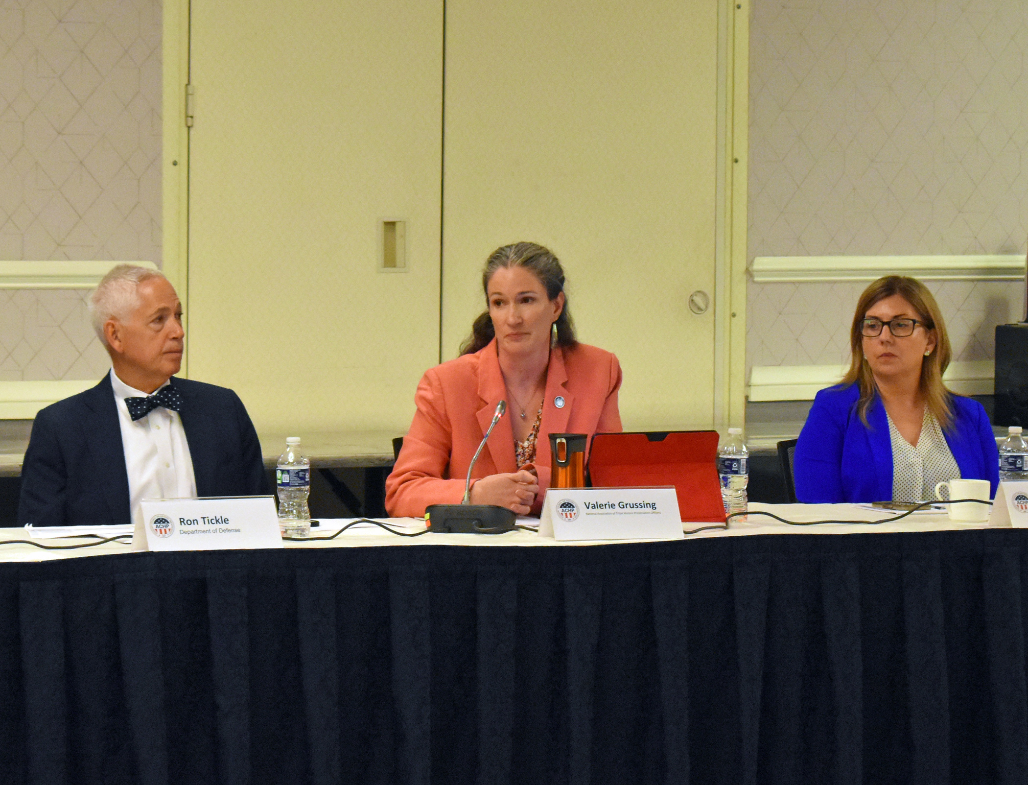 National Association of Tribal Historic Preservation Officers Executive Director Valerie Grussing, with Ron Tickle of the Dept. of Defense, and Stephanie Paul of the National Alliance of Preservation Commissions