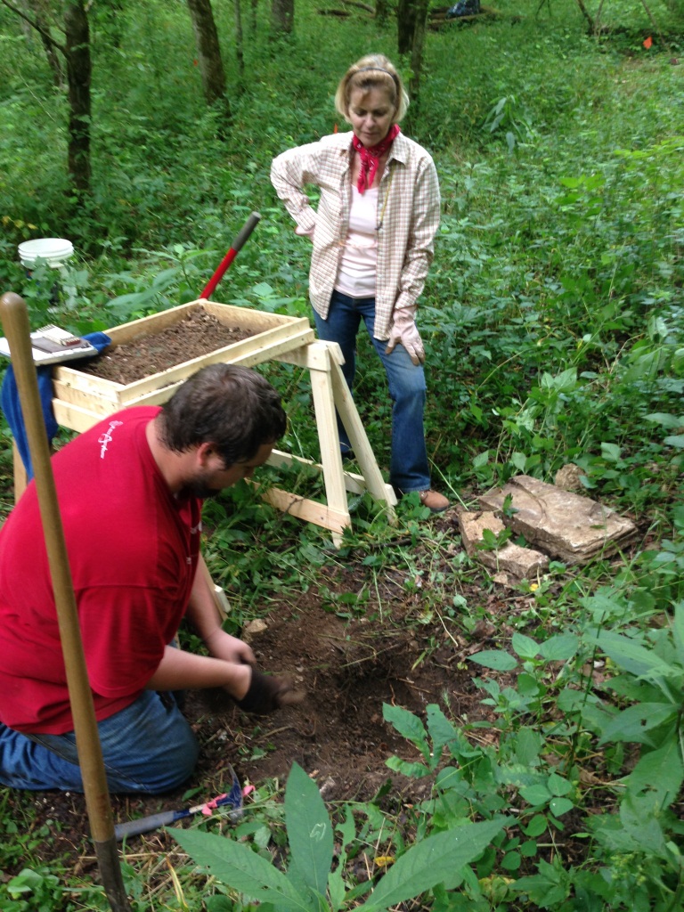 JJAP volunteers Jack Wright and Anne Hopper-Green work as a team on one of the 76 shovel test holes completed during the 2014 season.  (Photo credit: Nicolas Laracuente)