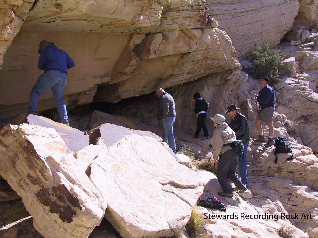 Volunteer site stewards recording Nevada rock art.