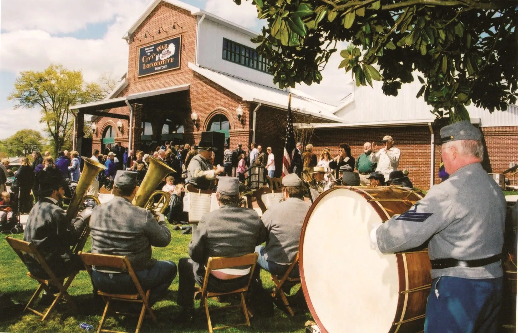 Costumed musicians perform outside the Southern Museum of Civil War and Locomotive History in Kennesaw, Georgia.