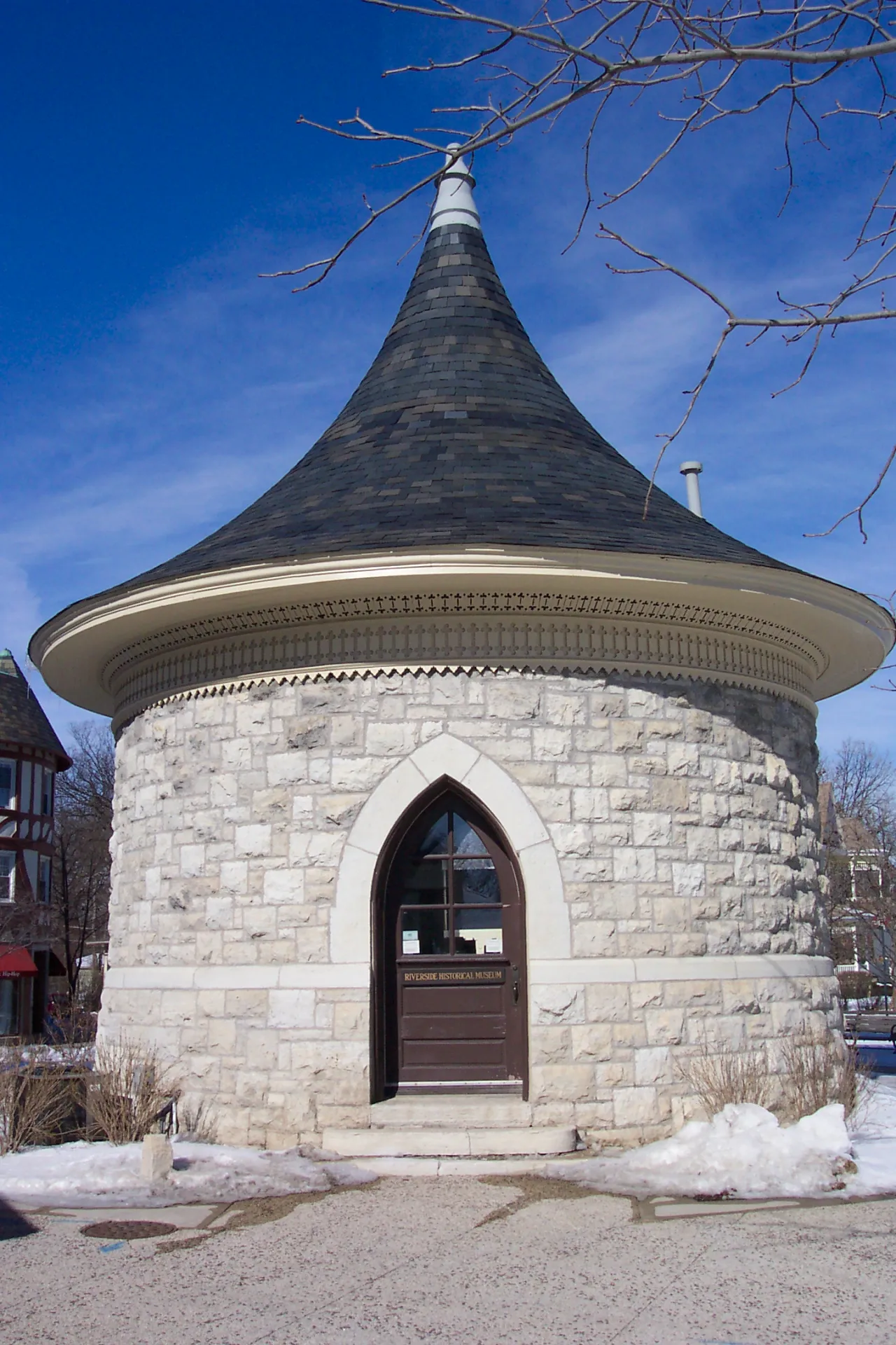 The Riverside Water Tower (1870), the symbolic centerpiece of Riverside, was recently restored and now provides a venue for the Riverside Museum to display exhibits on local history.