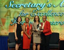 ACHP Chair Sara Bronin, HUD Deputy Secretary Adrianne Todman, and DC Congresswoman Eleanor Holmes Norton present the 2022 award to Leila Finucane for the Appleton at Spring Flats